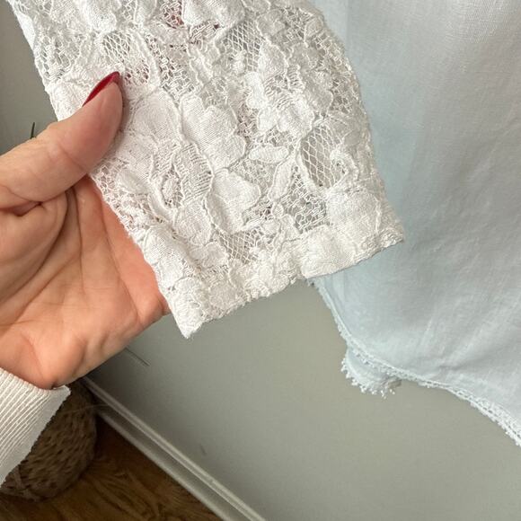 Lungo L'Arno Made In Italy 100% Linen Small Long Sleeve Lace Top Blouse Pintuck - Picture 7 of 11